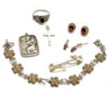 Pair of 9ct hallmarked gold garnet stone set earrings, a/f chain & pair of amethyst stone set