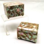 2 x mother of pearl small tea caddy boxes - 1 with mahogany interior & larger with birch interior (