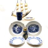 7 x blue & white tableware inc Ferrara Wedgwood beaker etc & novelty chinese junk made from hand