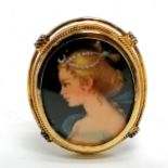 800 silver gilt marked hand painted portrait brooch / pendant- 3cm drop