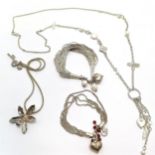 Dower & Hall silver snake link 36cm chain with orchid pendant, 2 silver bracelets, long unmarked