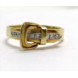 18ct marked gold belt buckle ring set with 6 diamonds - size P½ & 4.5g total weight