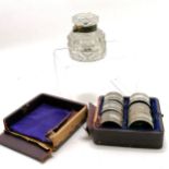 Set of 6 silver plated napkin rings in a fitted box (a/f) t/w Victorian glass inkwell