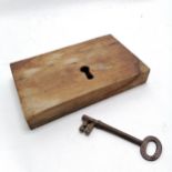 Antique oak lock and key 20cm x 12cm. Working