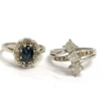 2 x 9ct hallmarked white gold stone set rings - cabochon sapphire / diamond & white / orange stone -