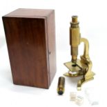 Antique brass microscope by Salmon (100 Fenchurch St., London) in a mahogany box with additional