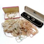 Qty of faux pearl necklaces - 3 strands have silver clasps + 2 boxed