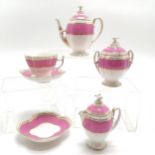 Antique continental pink banded teaware - teapot 15cm - all 3 lids a/f, chip to cream jug spout