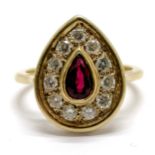 18ct hallmarked gold pear shaped ruby & diamond (11) set ring - size M½ & 5g total weight - SOLD