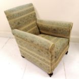 Antique armchair upholstered in green fabric. 70cm wide x 70cm deep x 85cm high. in good used
