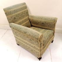Antique armchair upholstered in green fabric. 70cm wide x 70cm deep x 85cm high. in good used