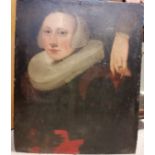 Antique framed oil painting on composite board of a study of a lady wearing a ruff next to an