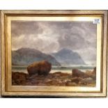 Framed 1876 watercolour painting of a bay with ships / boats by J Johnson - frame 44.5cm x 55cm