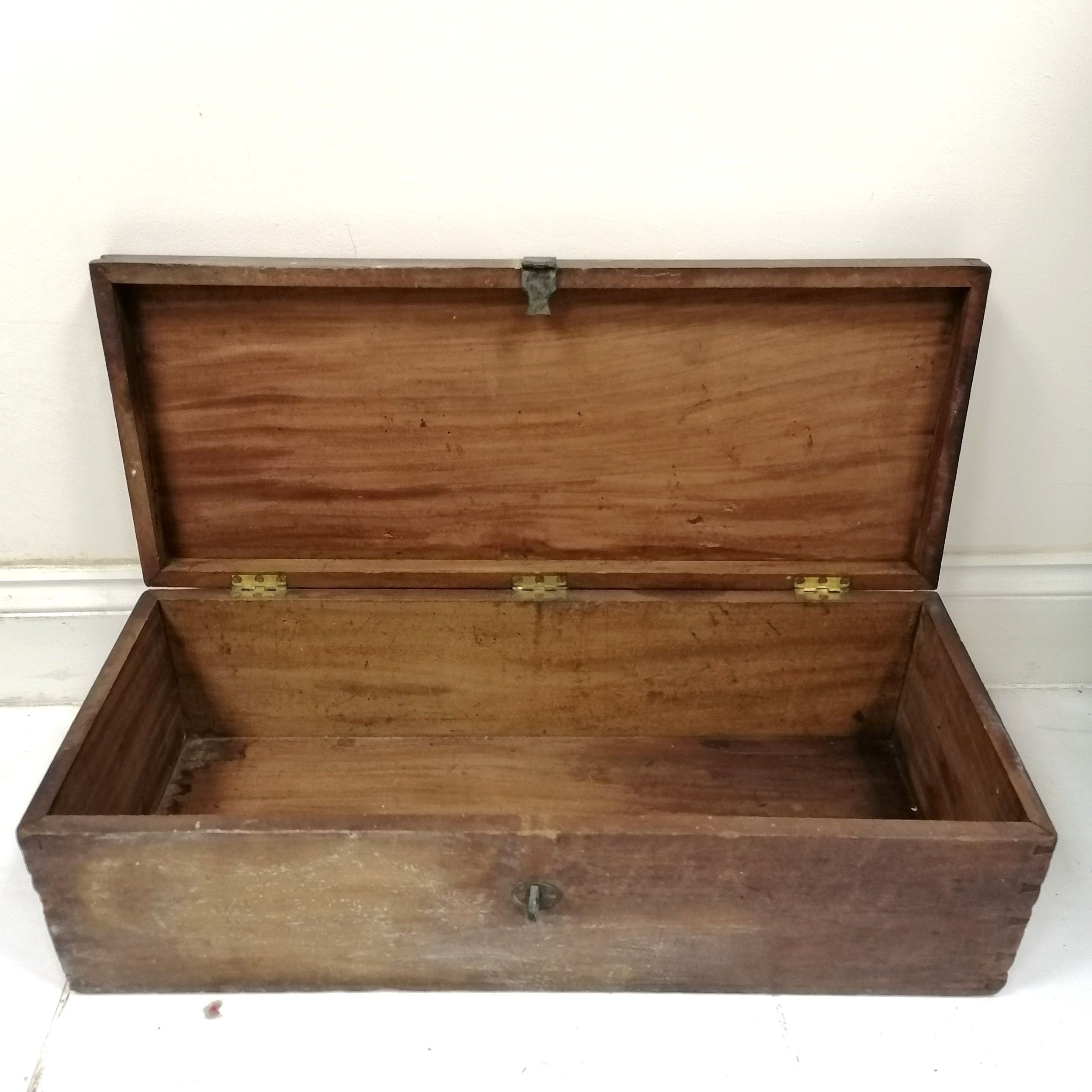 Antique teak brass mounted box - 80cm x 33cm x 24cm high ~ has old patch and staining to top and - Image 2 of 3