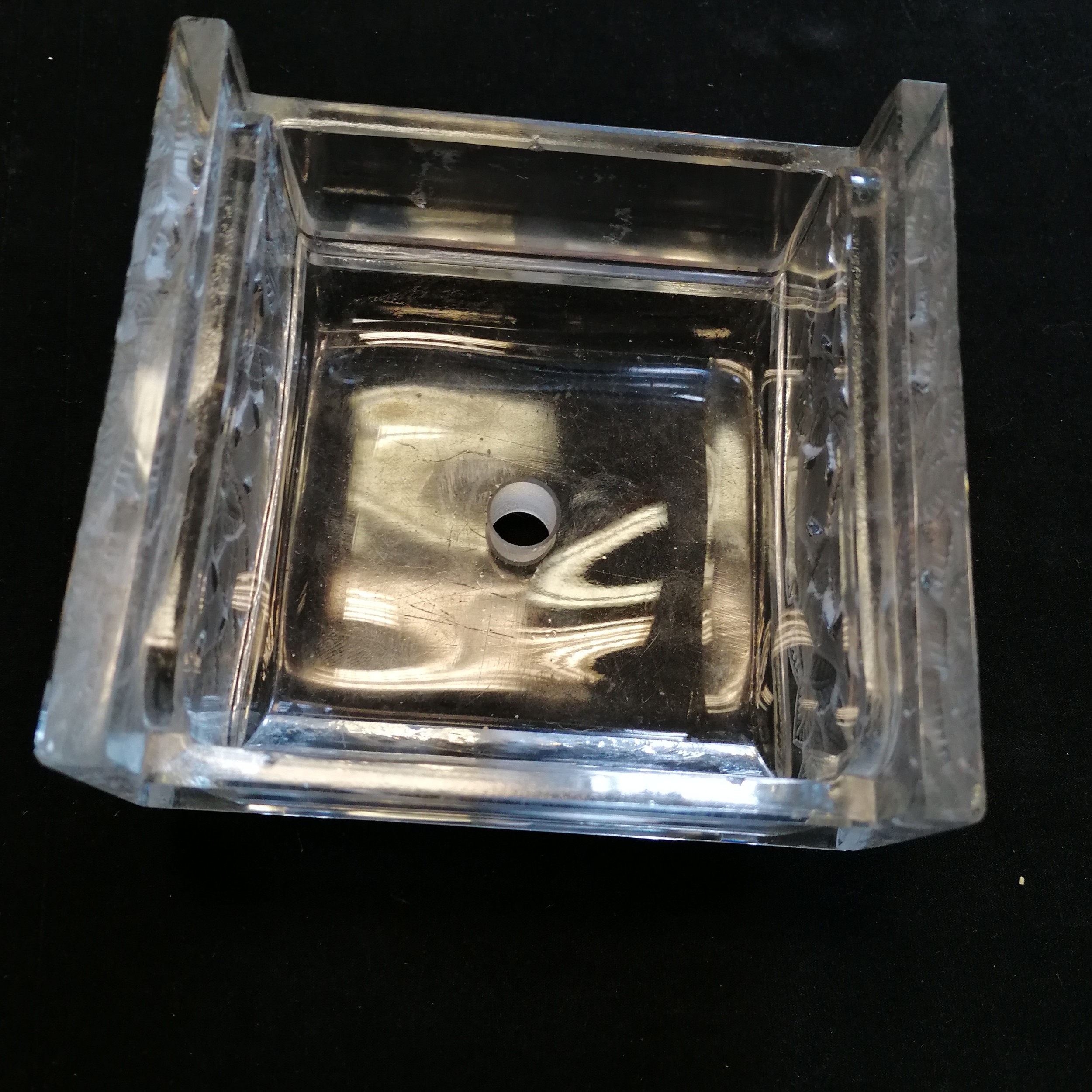 R Lalique colmar cigarette box - 10cm x 11cm ~ missing lid, has hole in centre & has chips to some - Image 5 of 5