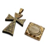 Antique gold piquet tortoiseshell cross (5cm drop) t/w in memoriam brooch made from a clasp