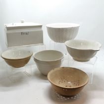 Ceramic lidded bread crock 30cm x 28cm x 20cm high T/W Quantity of mixing bowls & 2 strainers A/F