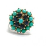 9ct hallmarked gold sapphire & turquoise cluster ring - size N½ & 3.8g total weight