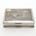 Sterling silver marked table cigarette box with embossed Asian scene of an elephant in a village and