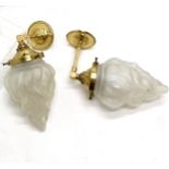 Pair of brass wall lights with glass flame shades, shades 18cm drop. In good used condition