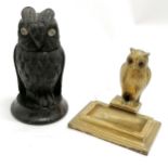 2 x antique novelty owl desk ornamets - hand carved wooden 14cm high with hinged lid (a bit loose)