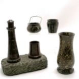 Serpentine vase (14cm), cauldron (small chip to rim), pot & lighthouse desk stand on a granite