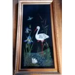 Framed embroidery picture of a stork, in a heavy gilt frame 64 cms wide, 126 cms high