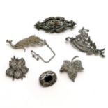 Art Deco silver dress clip set with marcasite (some losses) t/w 4 marcasite brooches & white metal