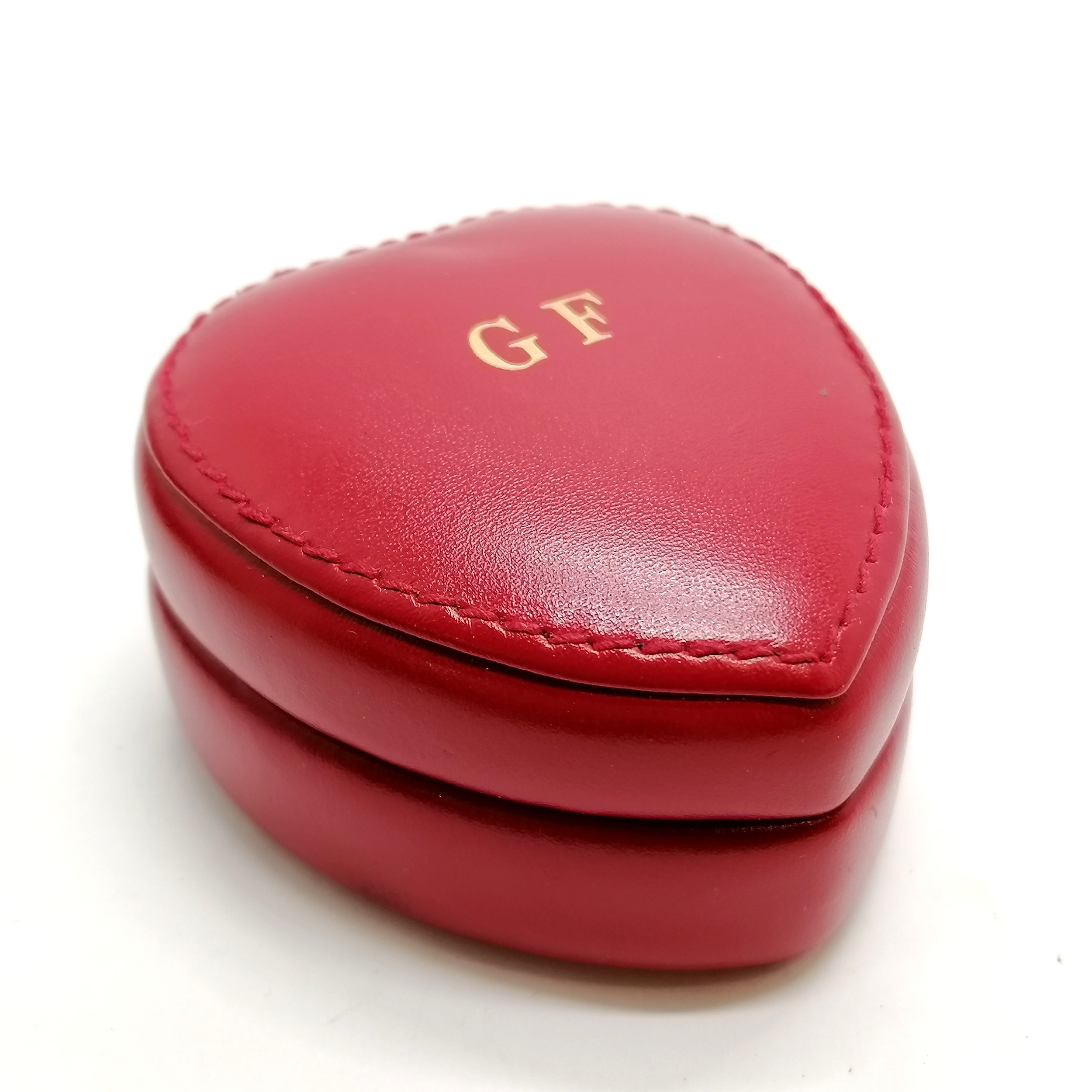 Asprey red leather heart jewellery box with GF monogram to lid - 6.5cm long x 3.5cm deep