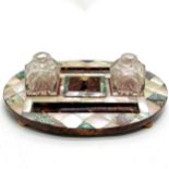 Antique tortoiseshell & mother of pearl decorated inkstand with 2 glass jars (1 has chip to
