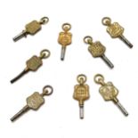 8 x advertising pocket watch keys inc Kendal & Dent, J W Benson etc