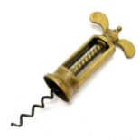 Antique brass open case barrel corkscrew - 16cm extended with slight loss to tip of worm and in good