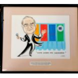 Framed 1995 caricature painting by Sobr presented to Edward 'Eddie' Alan John George, Baron George