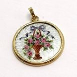 Unmarked antique guilloche enamelled pendant with hand painted flower decoration - 2cm drop & has