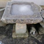 Concrete pedestal bird bath with square base & top - 56cm high x 38cm square top