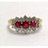 18ct hallmarked gold ruby (3) & diamond (14) triple cluster ring - size L & 3.3g total weight