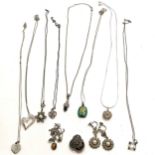 Qty of silver necklaces with pendants inc garnet set, enamel etc t/w 2 pairs of unmarked marcasite