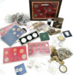 Tub containing large assortment of coins inc framed 1950 GB coins, 1951 KGVI crown, Tristan da cunha