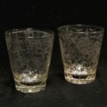 Antique pair of hand etched tumblers - 10cm high & 8.5cm diameter with no obvious damage