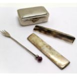 Sterling silver pickle fork with stone set end (12cm) t/w unmarked silver comb in travel case with