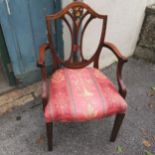 Antique dining chair, hand painted floral decoration, upholstered in pink, 62 cms in width, 98 cms