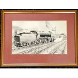 Framed mixed media painting of a train - Southern Railway locomotive 929 (built 1932-34) by D W