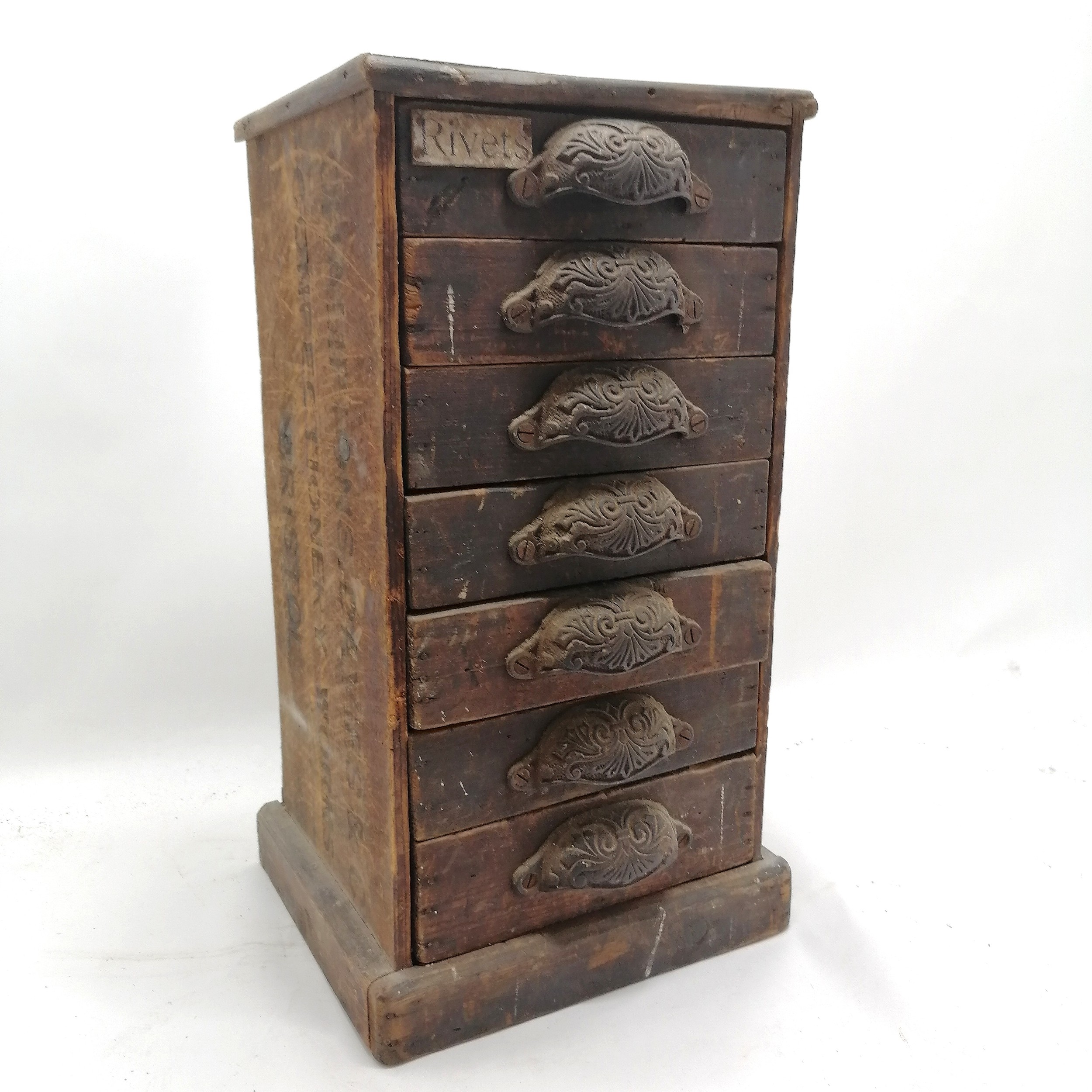 Antique pine flight of 7 collectors drawers made from an old crate 44cm high x 25cm x 22cm deep