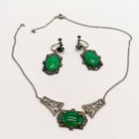 Art Deco silver & green stone set pendant + matching earrings - total weight 15g ~ chain broken