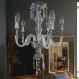 5 branch cut glass and chrome chandelier 80cm drop x 36cm across.