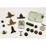 Qty of militaria inc badges, silver sweetheart badge, silver vesta case (6cm x 4cm & 35g total