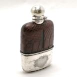 Antique silver plated & crocodile leather hip flask - 14cm x 8cm & losses to plating finish & is