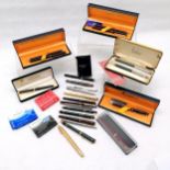 Collection of fountain pens and ballpoint pens, 5 in original boxes, some being Watermans, Parker