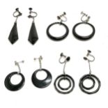 Pair of black agate silver mounted screw back drop earrings (5cm) t/w 3 other pairs (1 earring a/f)