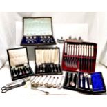 Qty of plated ware inc cased cutlery, harlequin coffee bean spoons, largest set lacks 1 spoon t/w